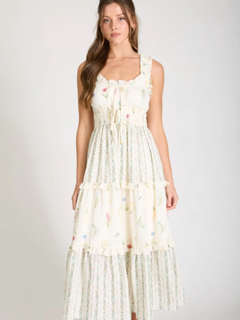 Floral Colorblock Ruffle Tiered Midi Dress Ivory Multi Large NWT - Picture 6 of 8